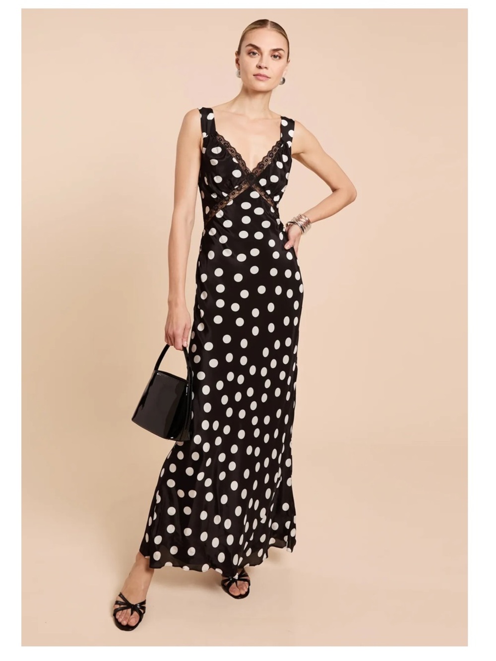 Kourt Sutton Dress XS Black White Polka Dot Lace Cutout Maxi NWT $198